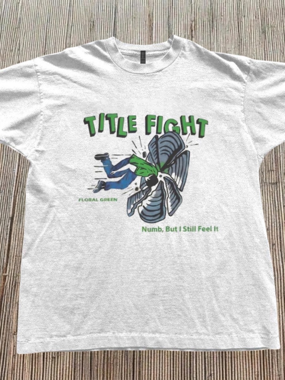 Gildan White Title Fight Graphic Tee with Green and Blue Print